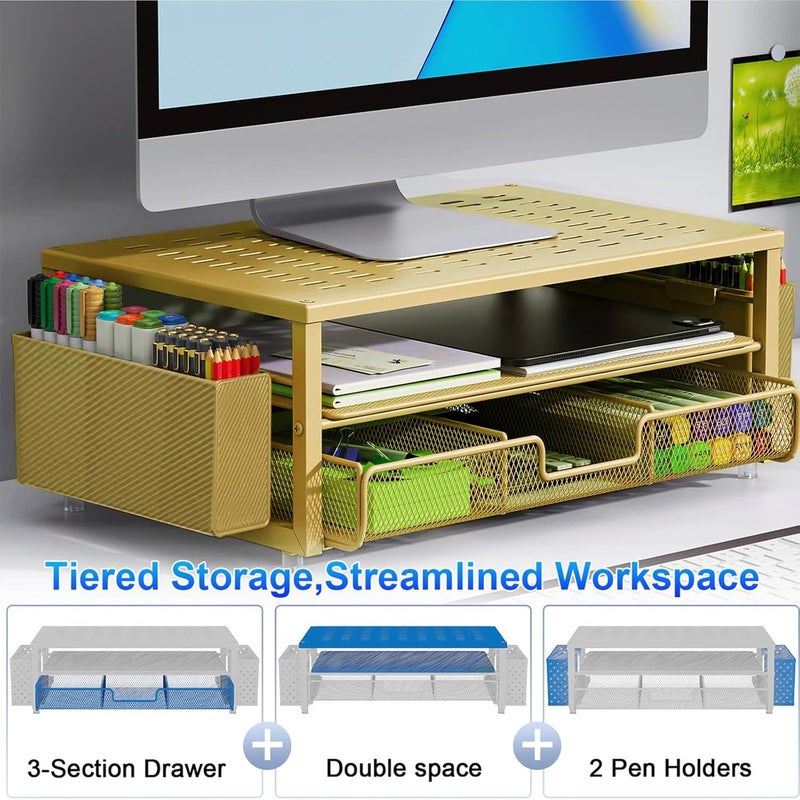 gianotter Desk Organizers and Accessories, Monitor Stand with Drawer and 2 Pen Holder, Desktop Organizer Suitable for Offices and Dormitories (Gold) - Image 2